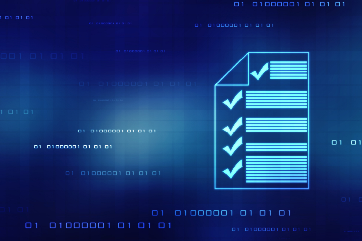 glowing blue icon of a piece of paper with implied paragraphs and check marks next to them on an abstract blue background