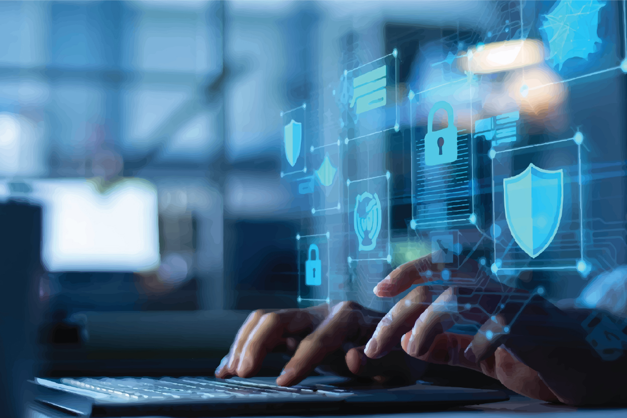 abstract digital screen interface showing cybersecurity icons, shields, and locks with user hands typing