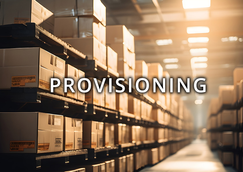 AI generated aisle of boxes with the word 'Provisioning' on top