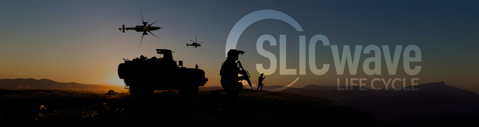 silhouette of a tank, helicopters, and military personnel at sunset with an overlay of the SLICwave Life Cycle logo